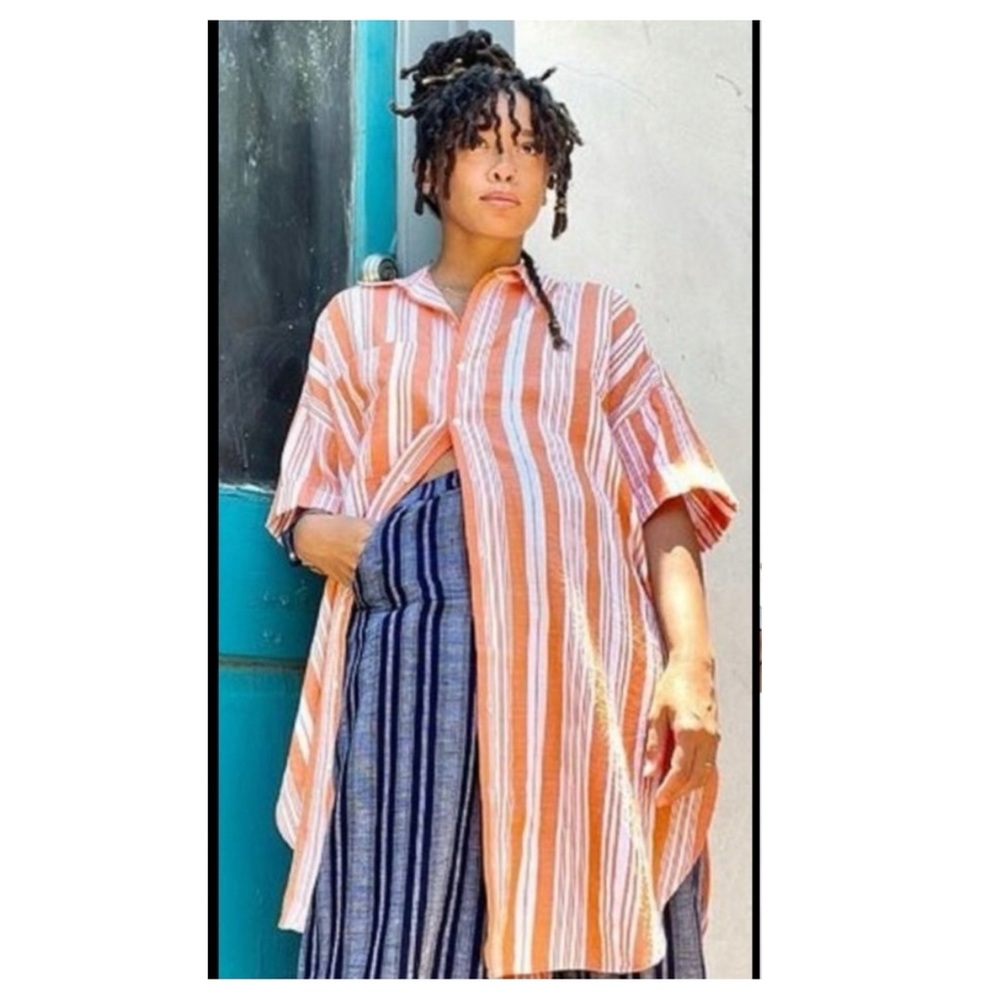 Lemlem × H&M Orange White Striped Shirt Dress Button Down Liya Kebede  M/L